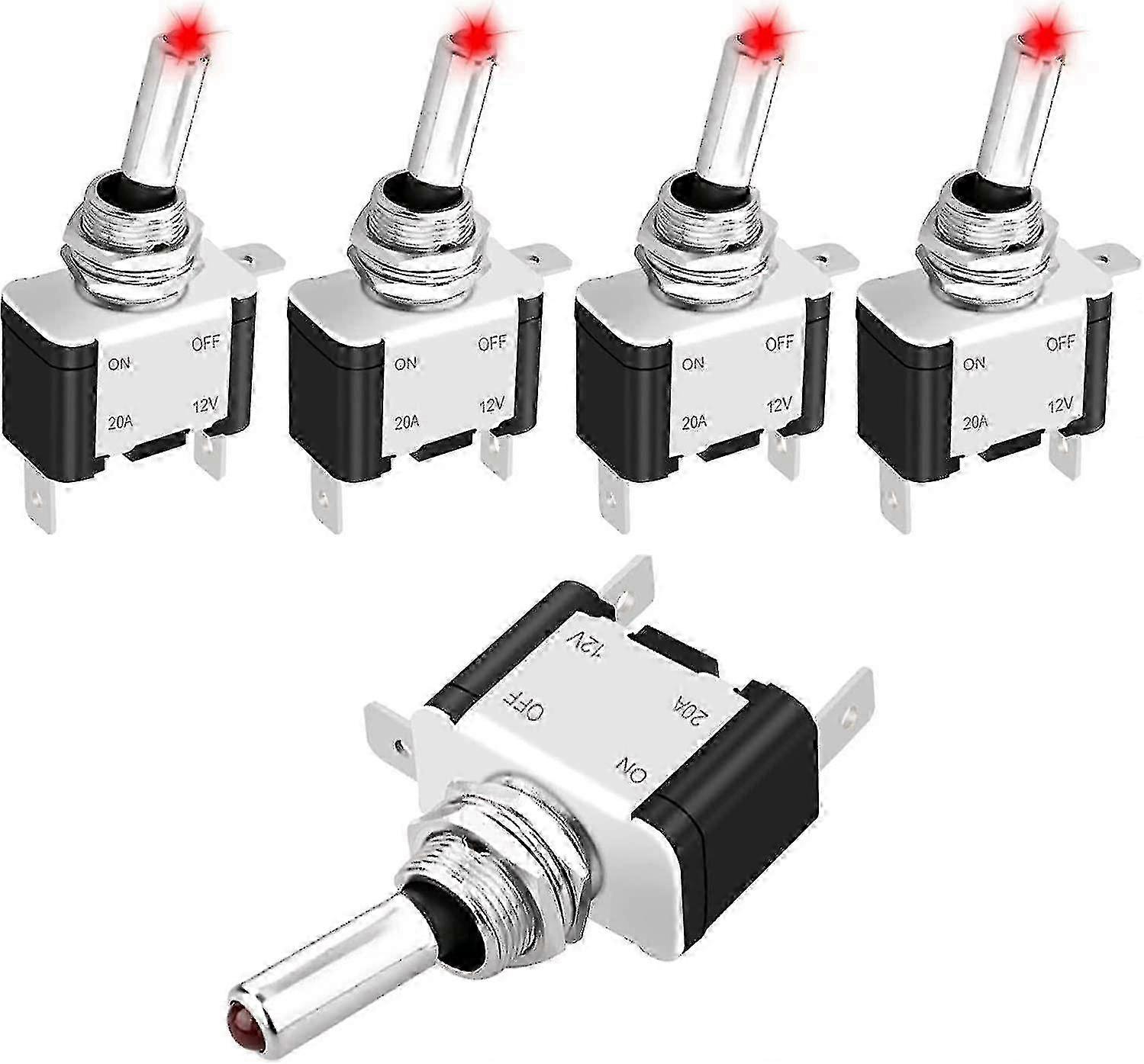 5pcs Led Lighted Rocker Toggle Switch, 12v 20a Heavy Duty Marine Toggle Switch, Waterproof Illuminated Toggle Switch Racing Automotive Auto Spst 2pin