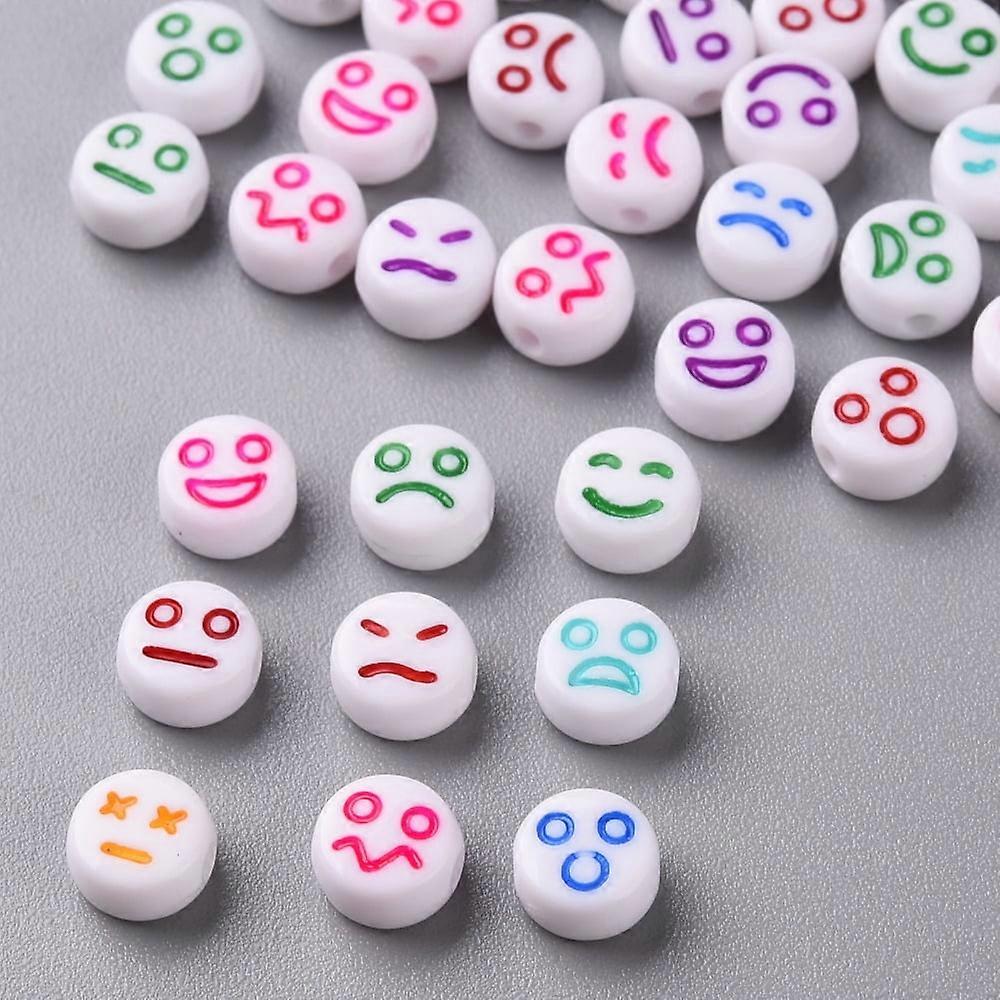 200pc White Opaque Acrylic Beads Flat Round with Expression Mixed Color 7x4mm Hole: 1.6mm
