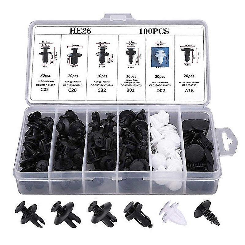 Retirement kit of car bumper holder, automatic fixing clip, rivet with bodywork retention pin, mixed, 6 sizes, 100 pieces