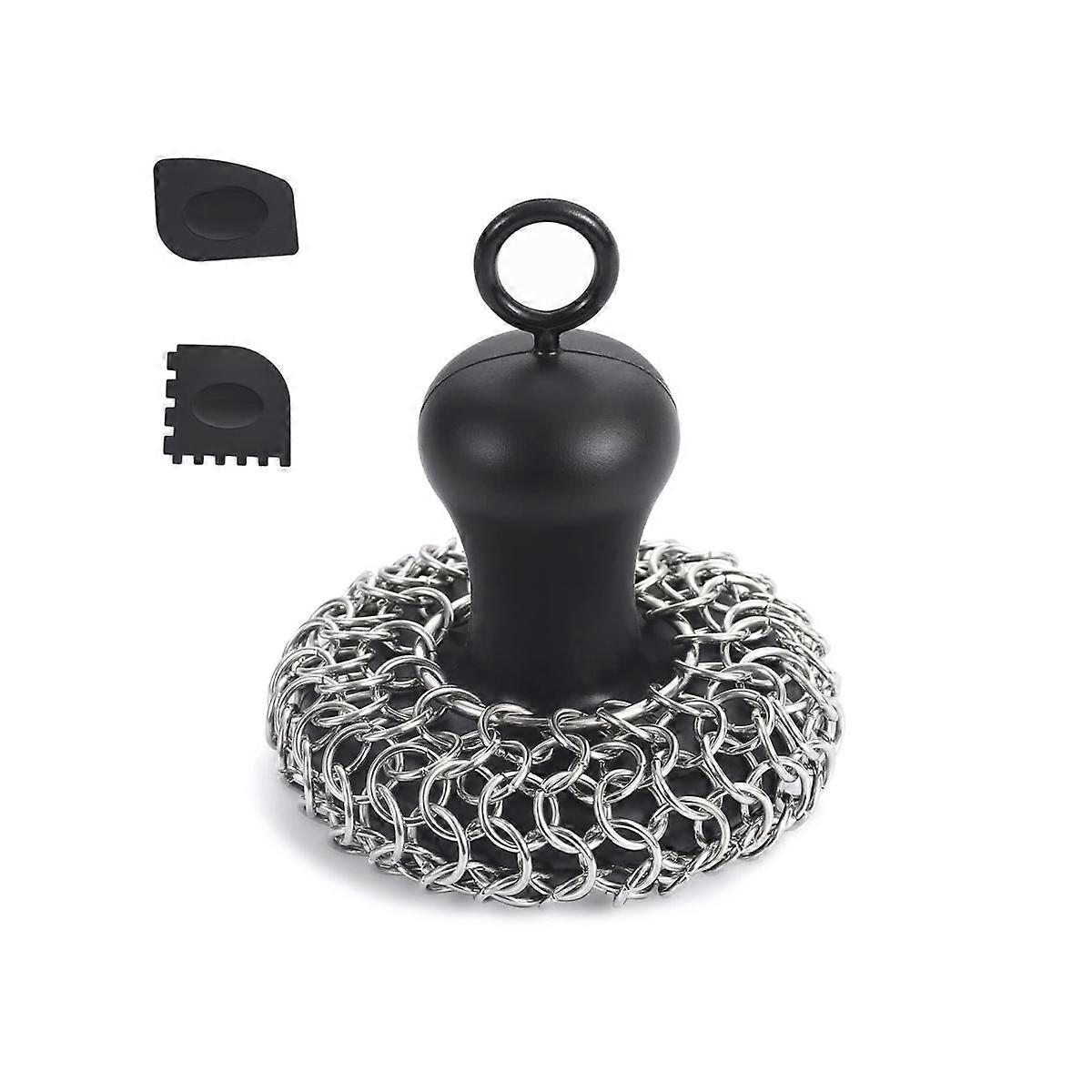 Cast Iron Chainmail Scrubber + Pan , Stainless Steel Skillet Cleaner, Tool for Cast Iron Pans Black