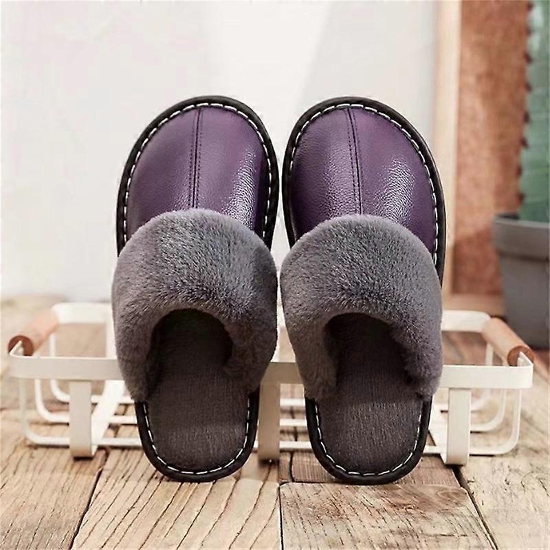 Genuine Leather Slippers Winter Fuzzy House Slippers Sandals Plush Faux Fur Fluffy Flats Slippers Warm Slide Shoes for Women