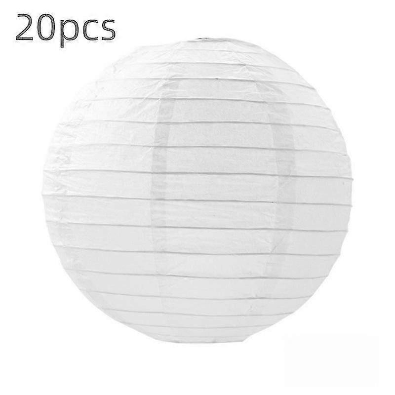 20 Pcs White Round Paper Lanterns With Wire Ribbing, Different Sized