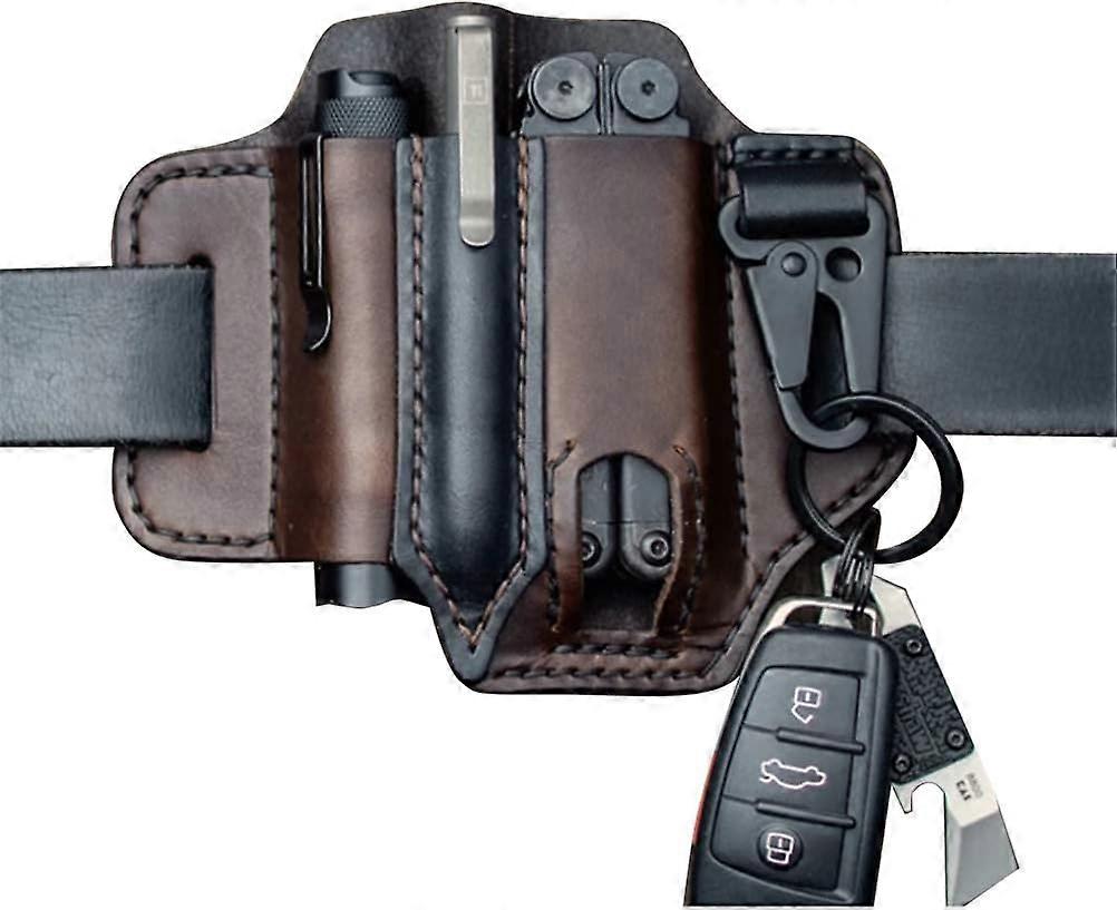Multitool Sheath for Belt, Leather EDC Tools Pocket Organizer for Men, Sheath with Pen Holder, Key Fob, Flashlight Sheath, EDC Leather Pouchbrown1pcs