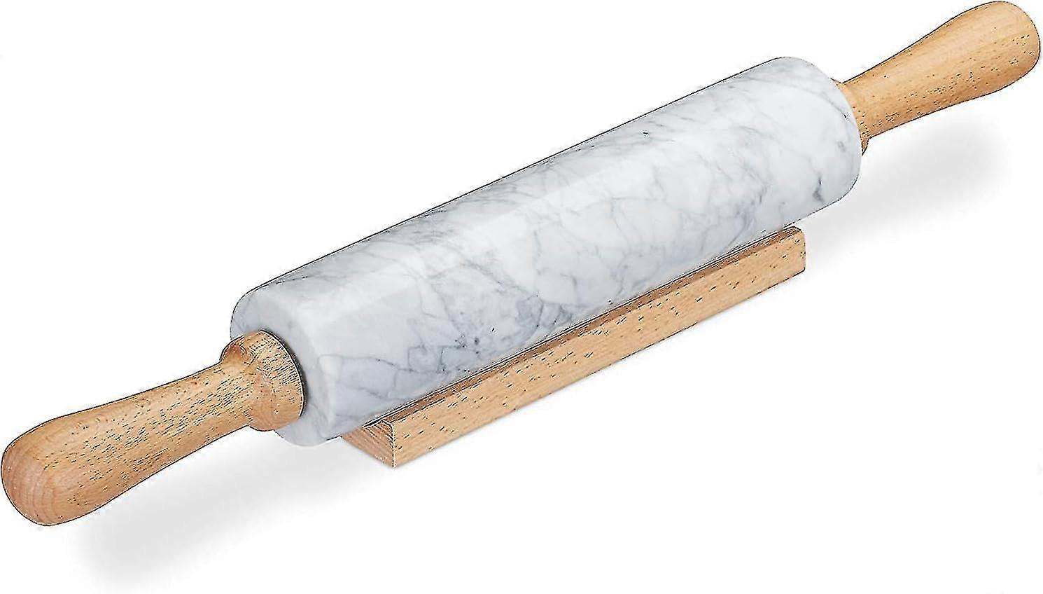 دبوس رخامي للخبز مع حامل خشبي 45 × 6 × 6 سم سهل التنظيف شديد التحمل بقع إنهاء غير لاصق أبيض