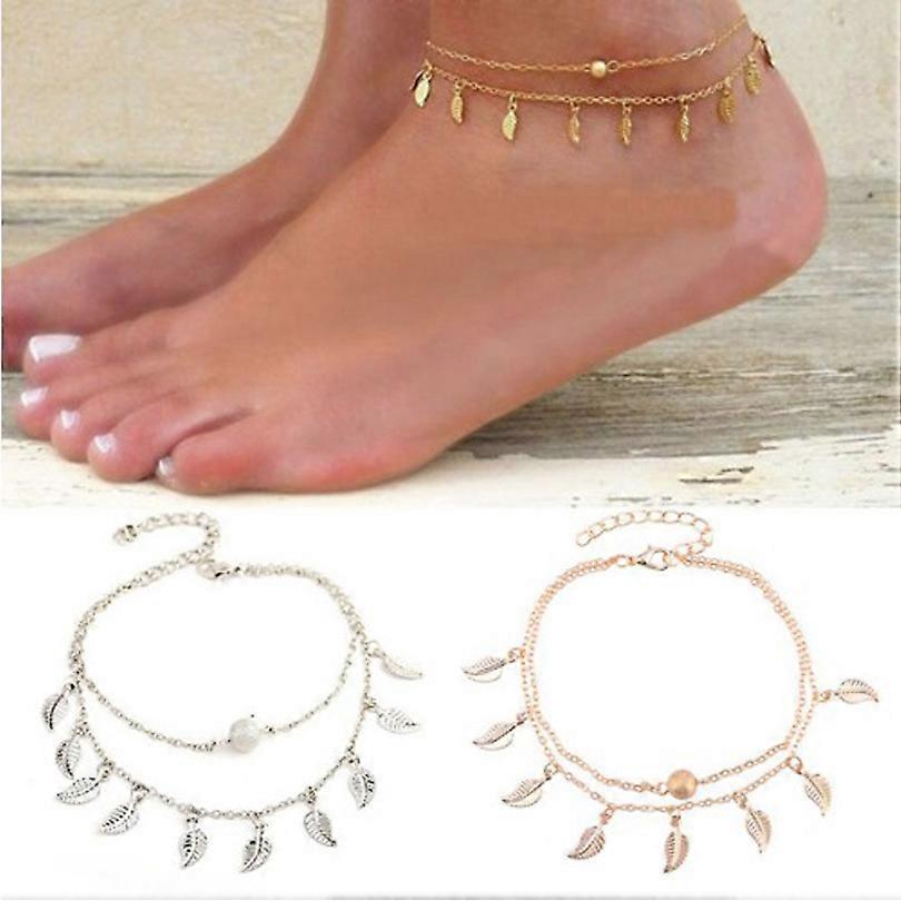2PCS (Gold+Silver) Anklet Bead Anklet Bracelet Beads Chain Foot Jewelry for Women and Girls