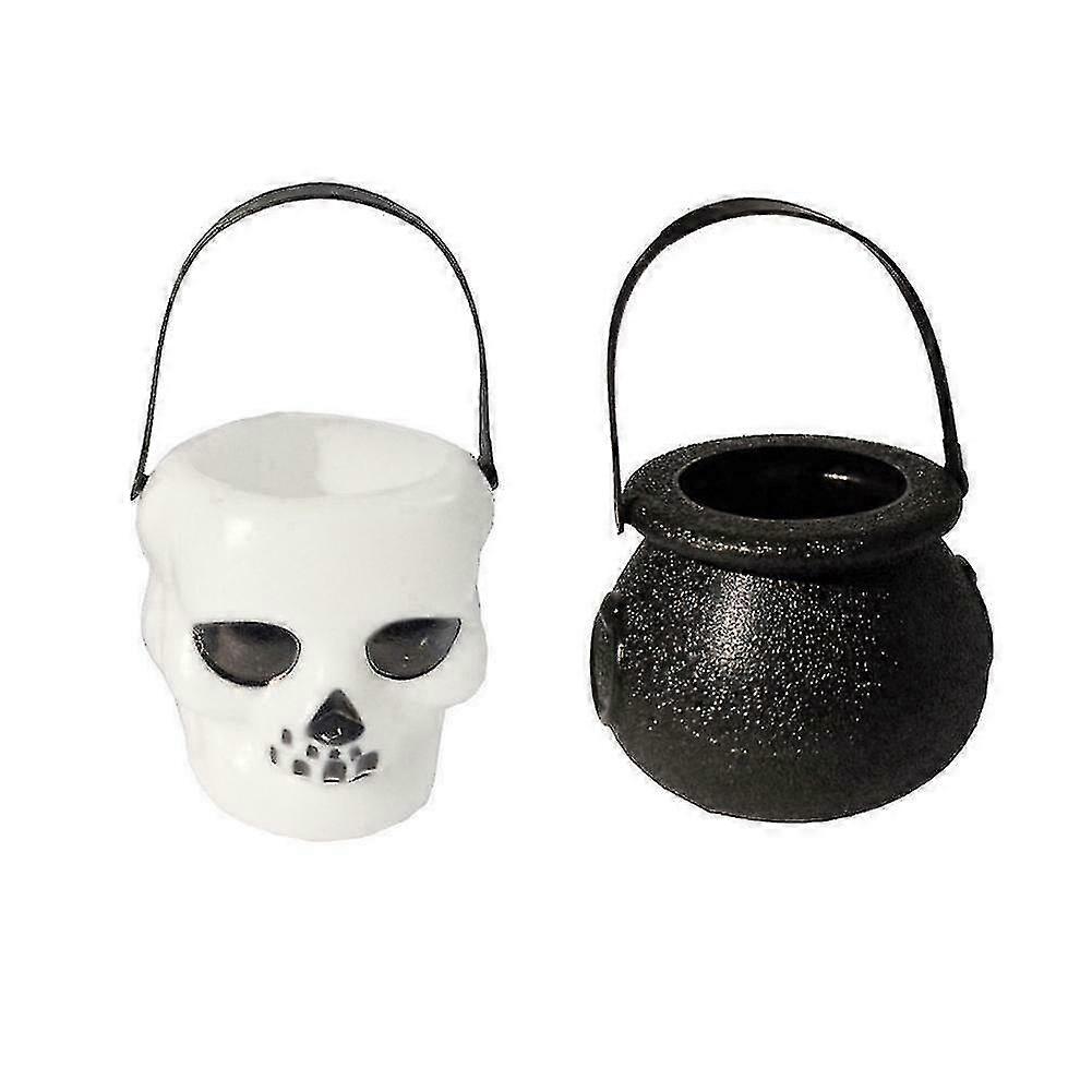 Halloween Props Plastic Witch Cauldron Skull Pot Candy Parties Kettle  (black+white)(2pcs)