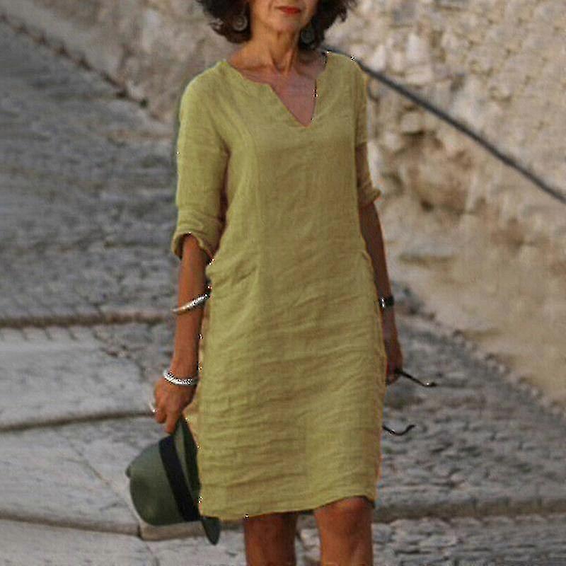 Manches courtes pour femmes Coton Lin Midi Robe Dames Solid V Neck Baggy Sundress-9