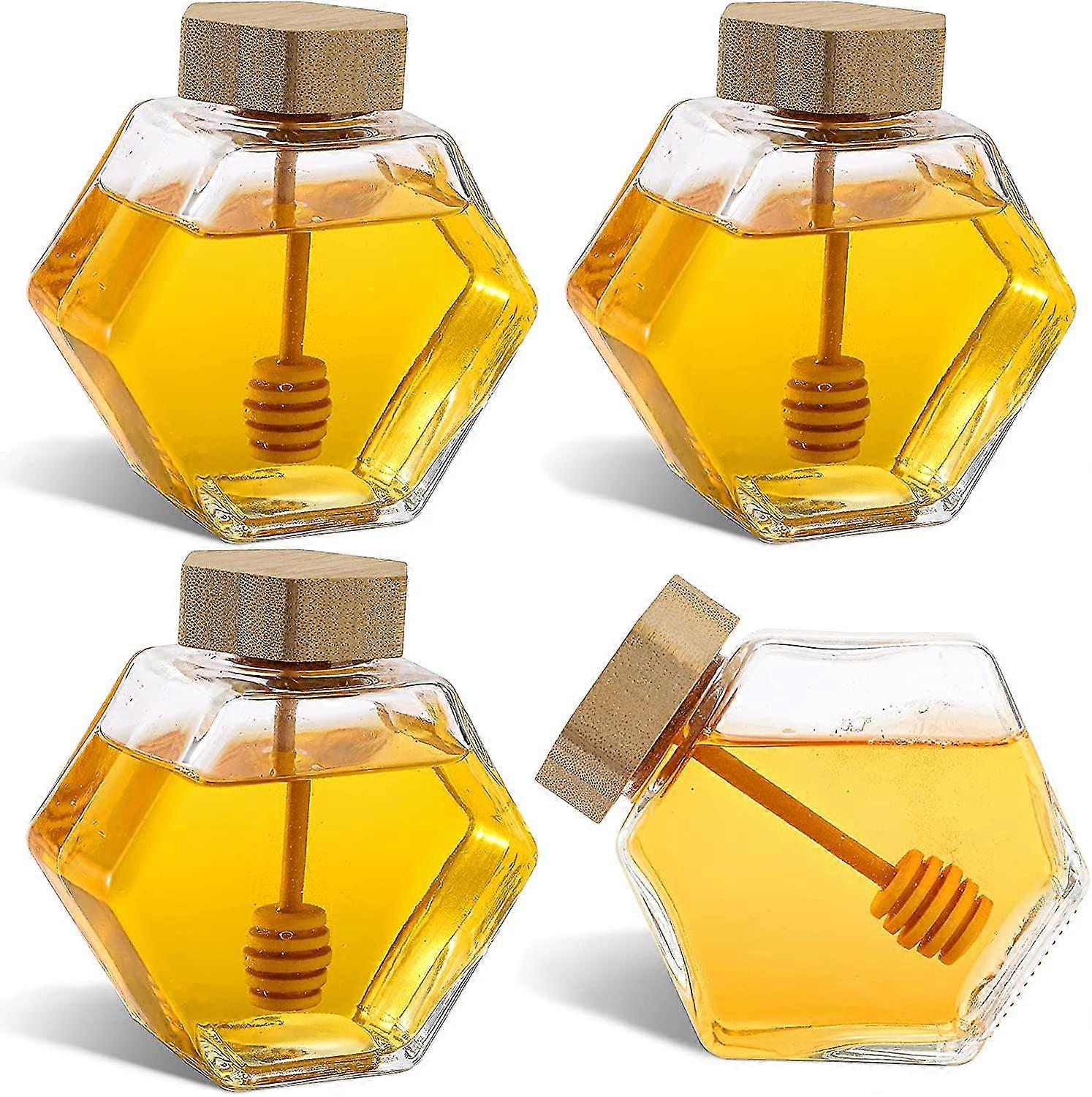 4 Pack 7 Oz Honey Pot Jars, Glass Honey Pot With Wooden Dipper And Cork Lid, Hexagon Shape Honey Container Dispenser Storage, Clear Heat-resistant Hon