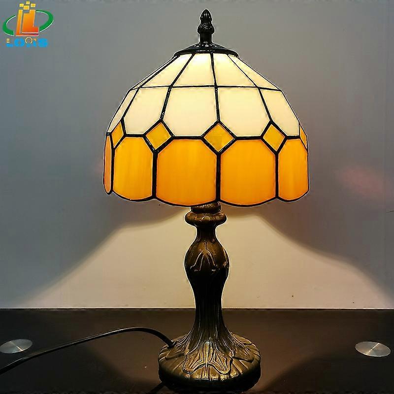 European simple stained glass table lamp, Tiffany style, bedroom, bedside, study, reading, bar decoration, metal base, 20cm