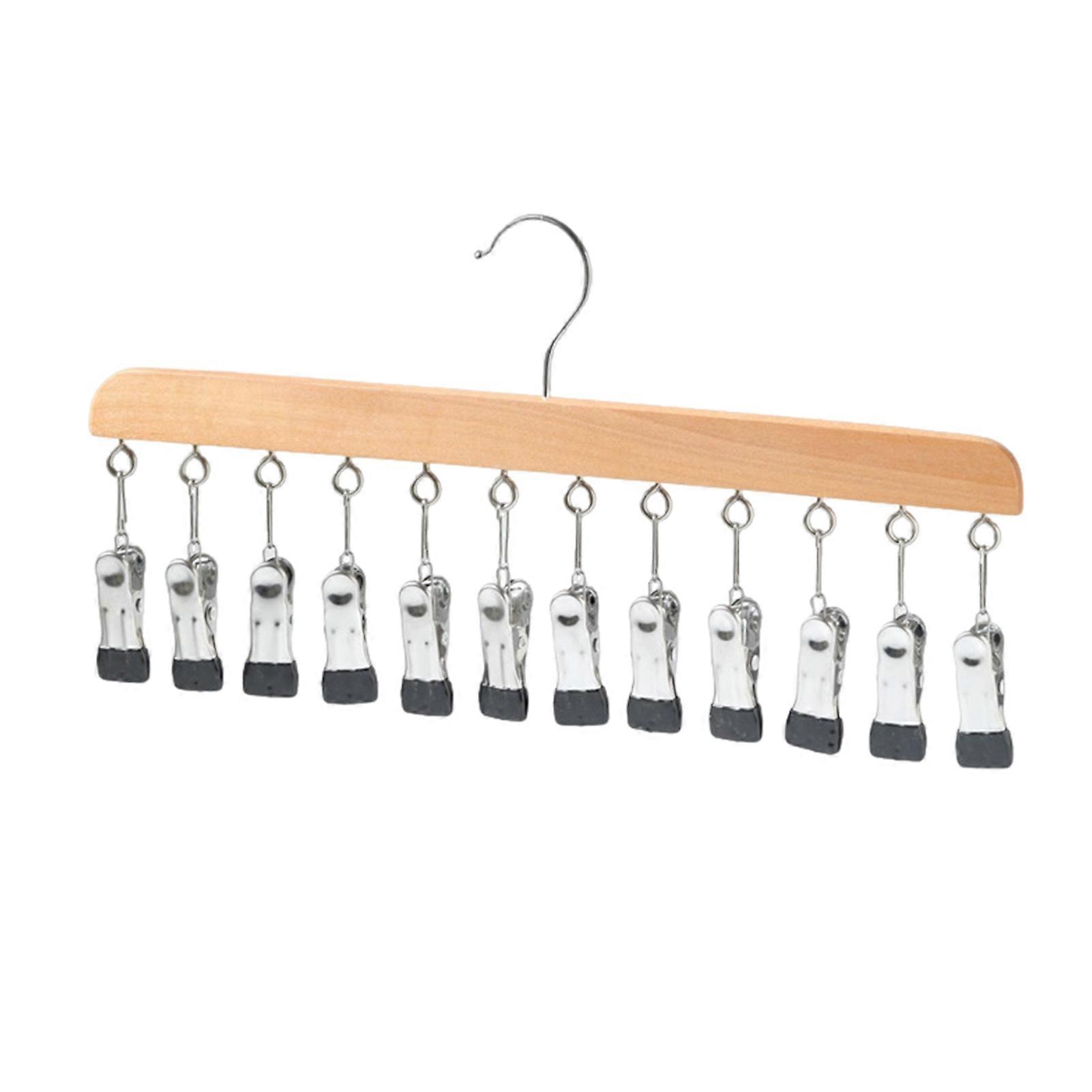 Clothing Drying Hanger with 12 Windproof Clips Scratch Free Rubber Sock Underwear Hat Bra Brief Towel Solid Wood Hanging Rack Organizer Jikaixiang