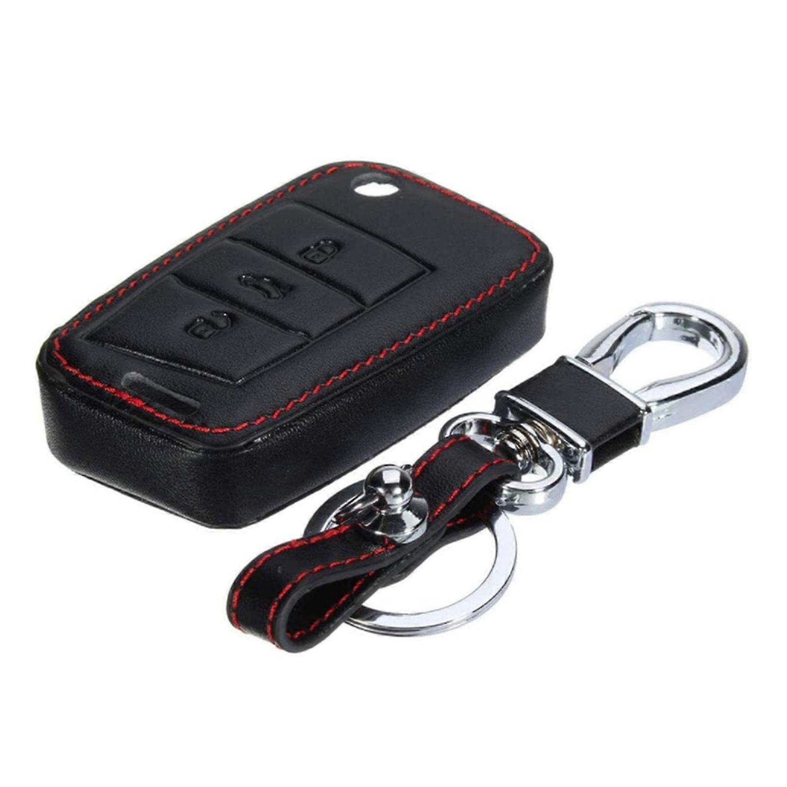 Black Leather Car Key Fob Cover for Skoda Octavia Golf 7 MK7 - Protective Scratch-Proof Key Case with Foldable Design