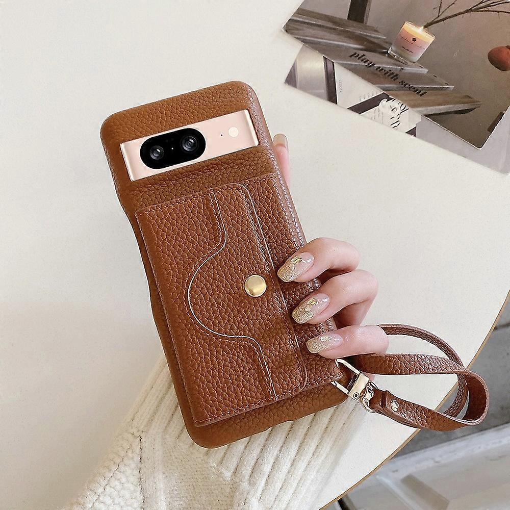 For Google Pixel 8 Case Mirror Design PU Leather Back Cover with Card Slots, Wrist Strap - Dark Brow