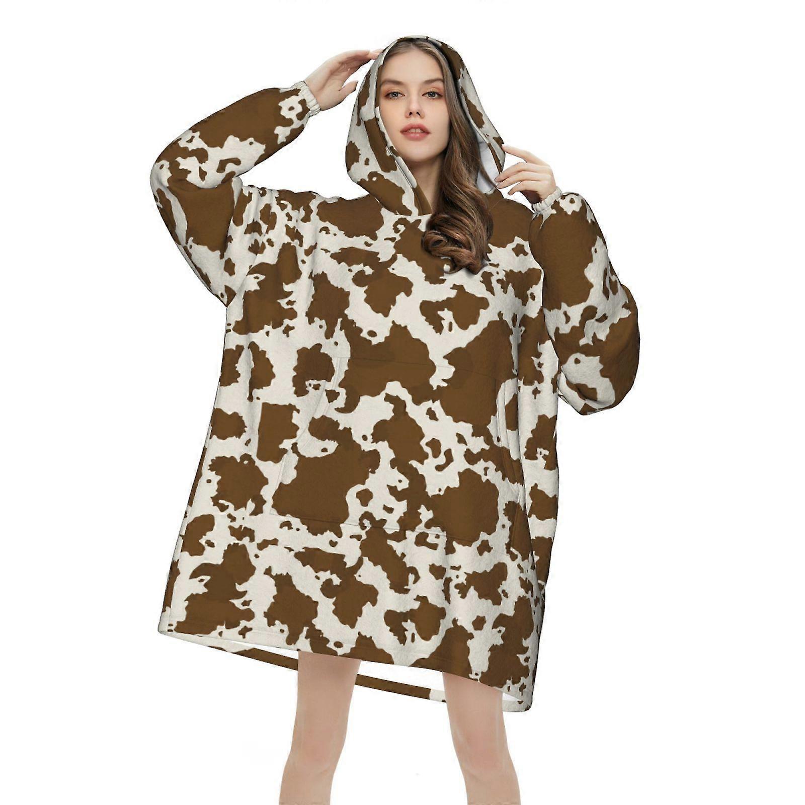 Felpa con cappuccio indossabile con coperta con stampa marrone in