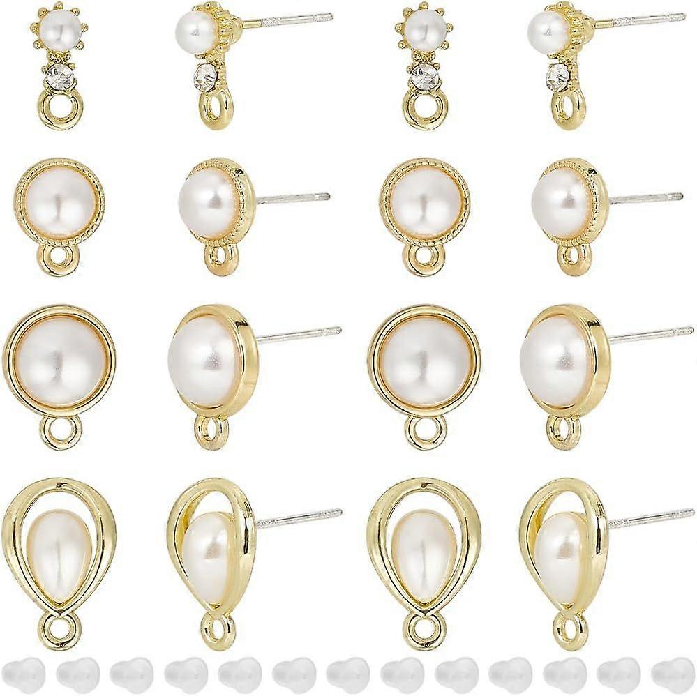 24Pcs Pearl Earring Posts Gold Stud Earring Findings with 925 Sterling Silver Pin and Ear Nuts Half Round Teardrop Plastic Imitation Pearl Earring Stu