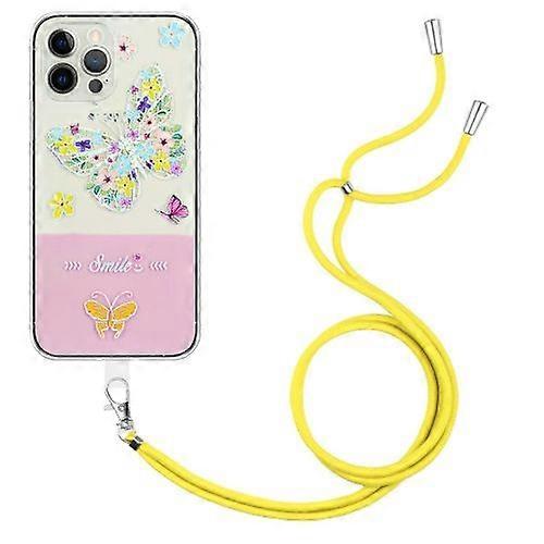 For iPhone 15 Bronzing Butterfly Flower TPU Phone Case with Lanyard