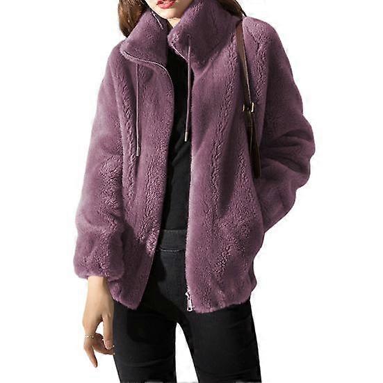 Lady Winter Coat Stand Collar Neck Protection Double-sided Thicken Plush Solid Color Long Sleeves Zipper Closure Cardigan Daily Commute Travel Jacket