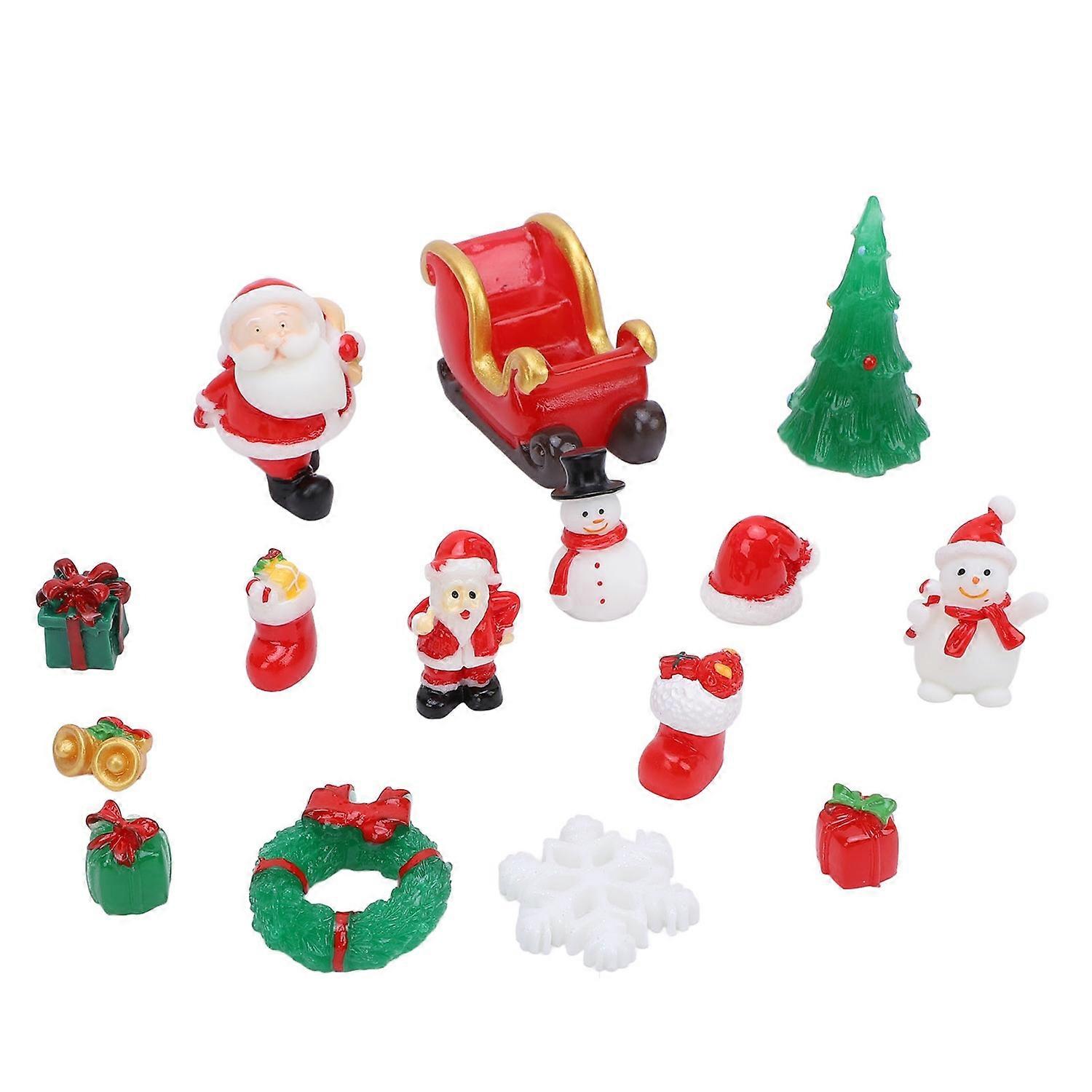 15 Pcs Xmas Miniature Statue Set Resin Miniature Santa Snowman Tree Wreath Dollhouse Xmas Ornament f