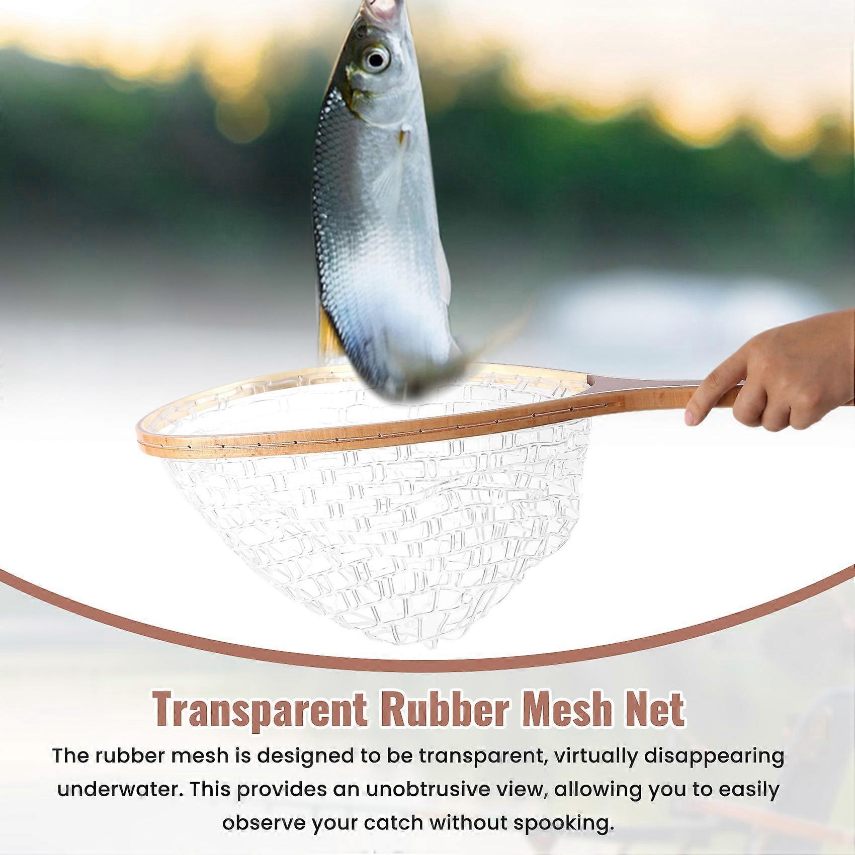 Landing Fish Net Fishing Hand Nets with Clear Rubber Mesh Netting Wooden Handle Fly Fishing Equipmen