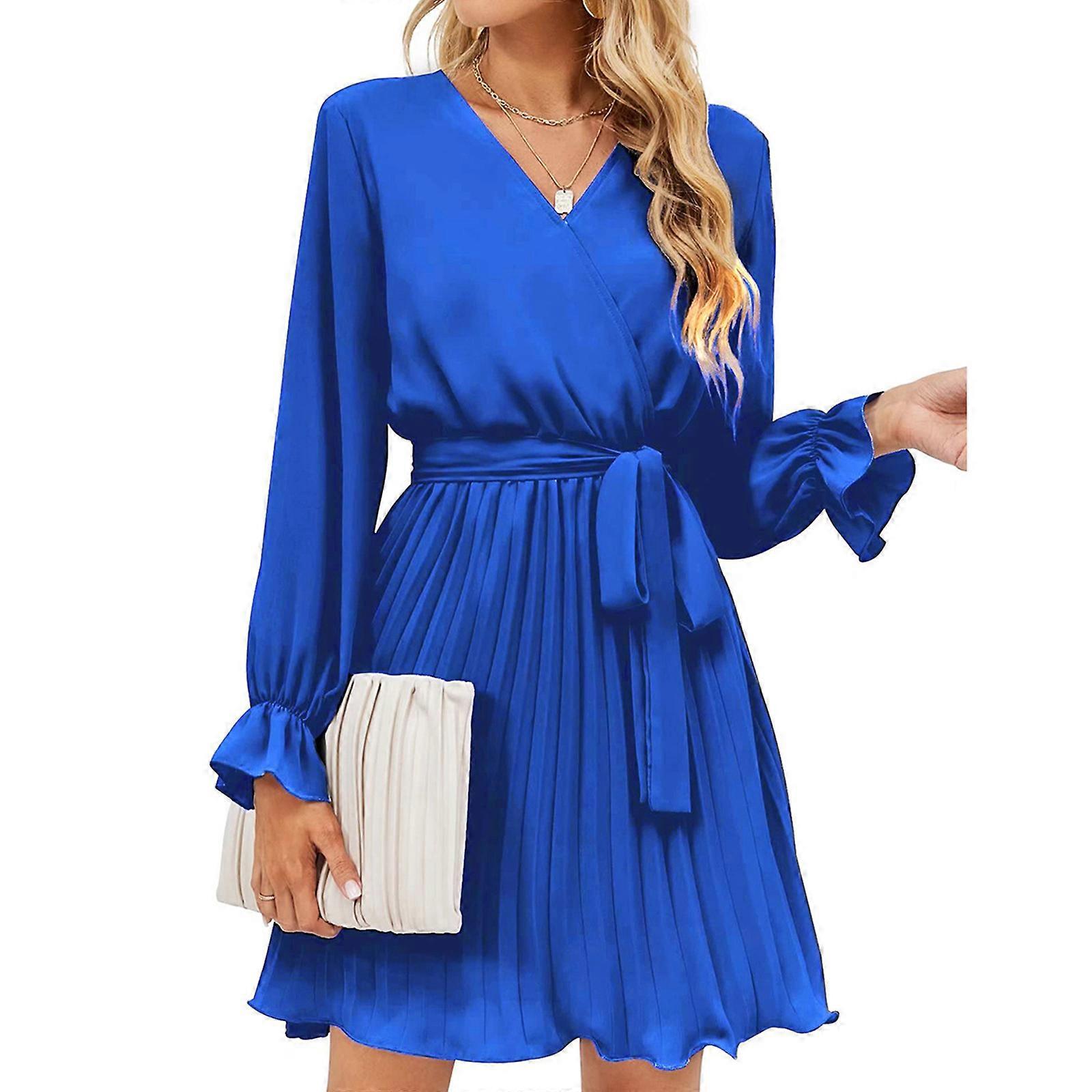 A-line Dress Womens Wrap V-neck Dresses for Wedding Guest Casual Pleated  Long Sleeve Mini Dress Fashion Ruffle Sleeve Navy blue L | Fruugo IE