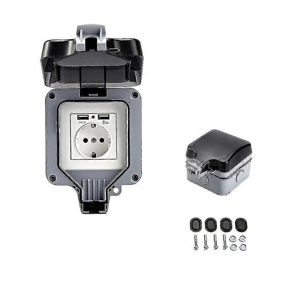 مقبس حائط USB مزدوج مقاوم للماء في الهواء الطلق مع مقبس وصندوق كهربائي شديد التحمل وحامل تركيب (فردي)