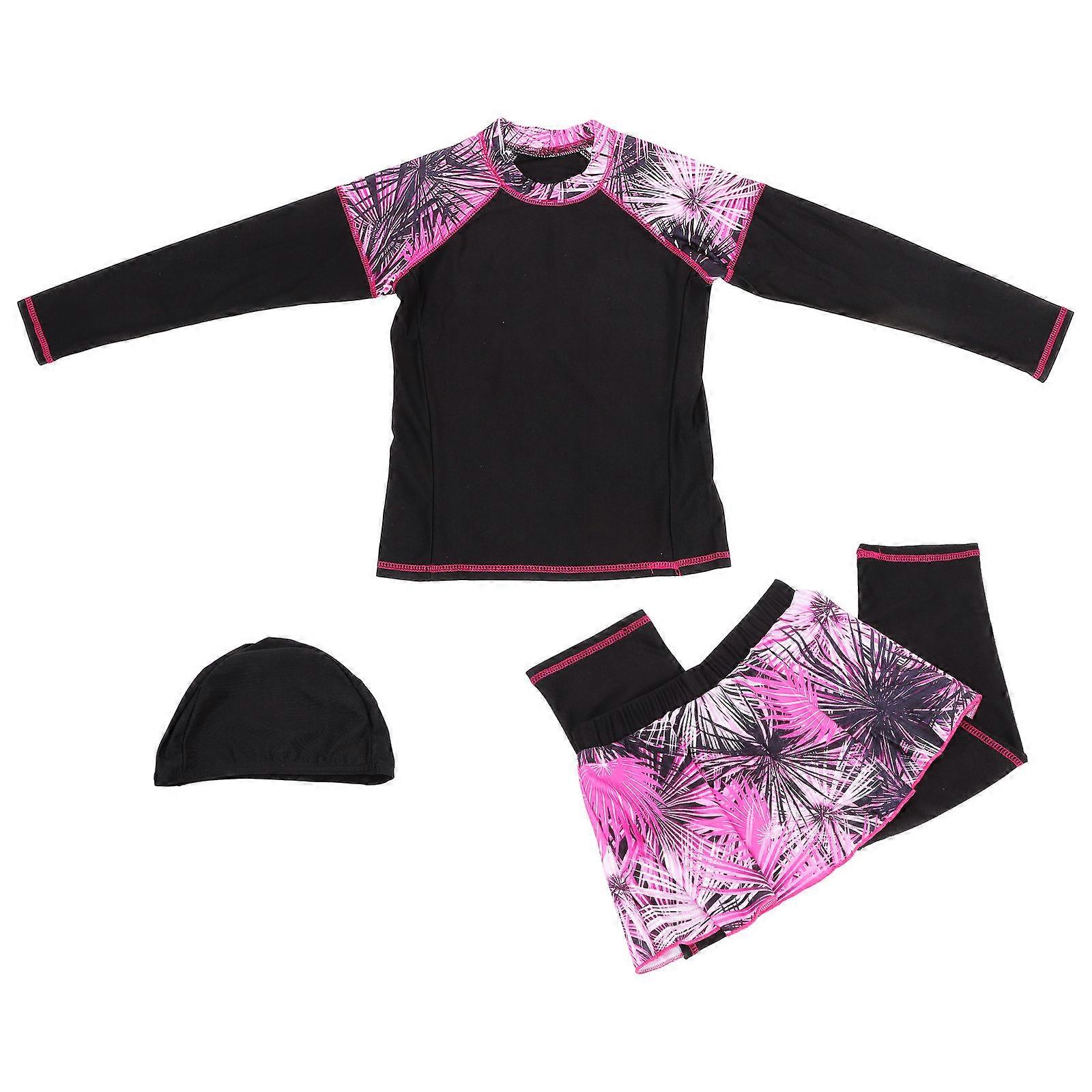 Girls Conservative Swimsuit, Long Sleeve Set with Cap and Pants for Beach Holidays