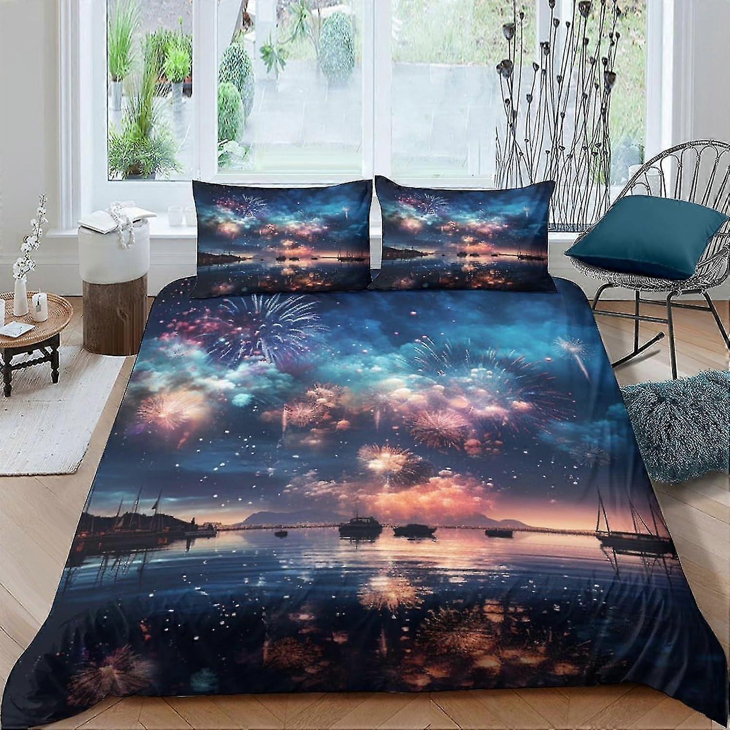 Colorful Fireworks Printed Bedding Set Duvet Cover Set for Kids and Teens with Zipper Closure
