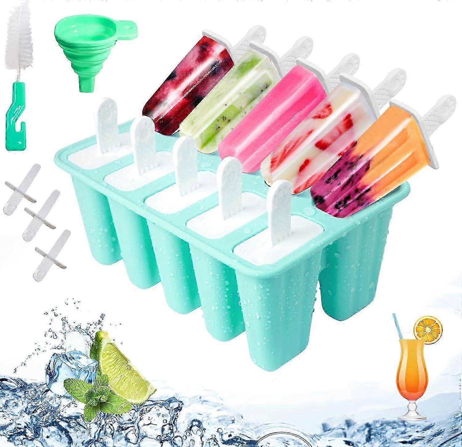 Non-Stick Silicone Ice Lolly Molds with 10 Cavities, Includes Funnel and Cleaning Brush, DIY Popsicle Molds, BPA-Free, Safe for Use