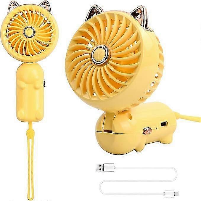 Cat Ear Folding Handheld Fan (Yellow), Mini USB Fan, Rechargeable Portable Fan, 3 Wind Speeds, Small Handheld Fan, Girls Foldable Table Fan, L