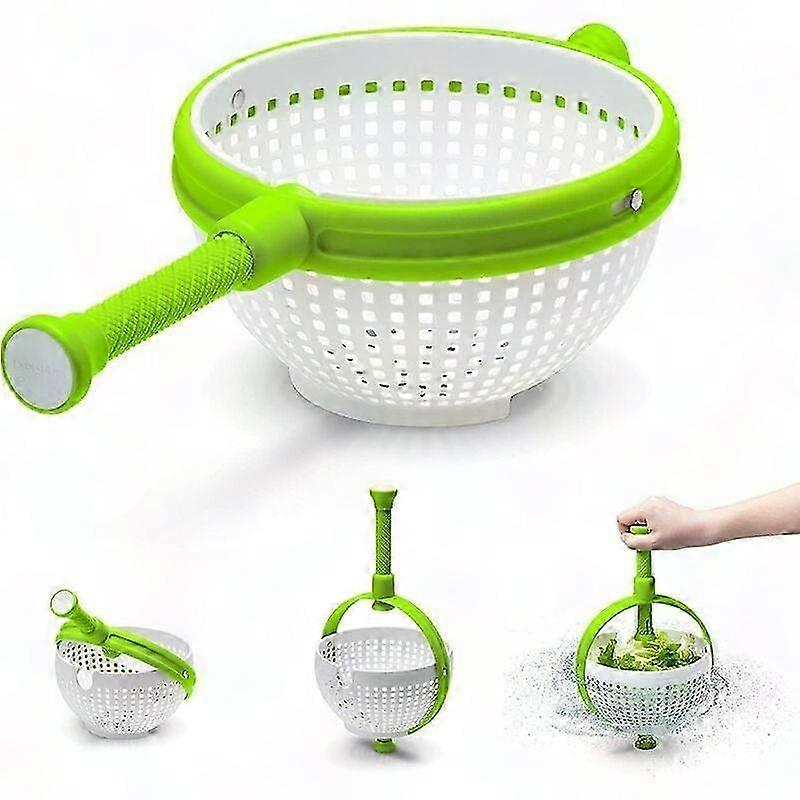 Easy to Use Salad Spinner - Non-Scratch Nylon Rotating Strainer - Lettuce Spinner - Foldable Handle - White & Green