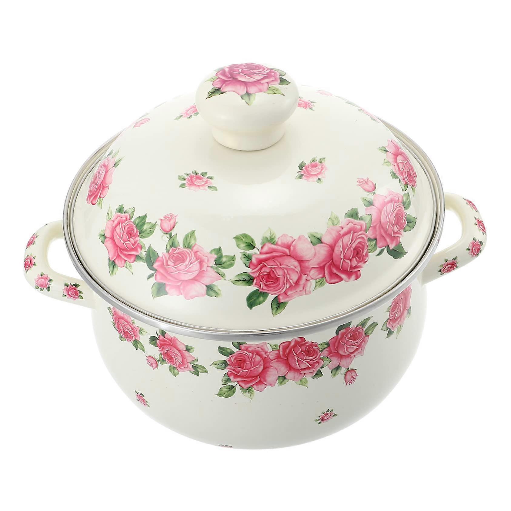 Enameled soup pot with double handles, nostalgic design, rose blossoms for even heating, energysaving for stovetop and oven.