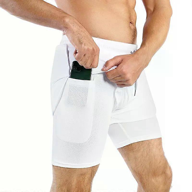 2 ב 1 מכנסי כושר גברים מכנסי חוף מכנסיים קצרים סיפון כפול נשימה ייבוש מהיר גלישה מרתון בגדי ספורט חדר כושר אלסטי רגל רופפת תא מטען