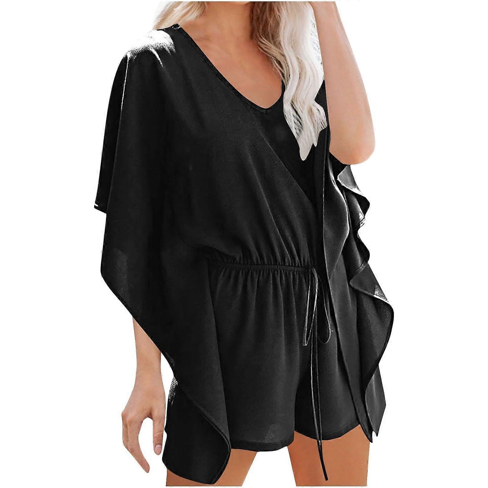 Women's Summer Top V-Neck Beach Jumpsuit with Ruffles Layered Waist Shorts Loose Fit Black L