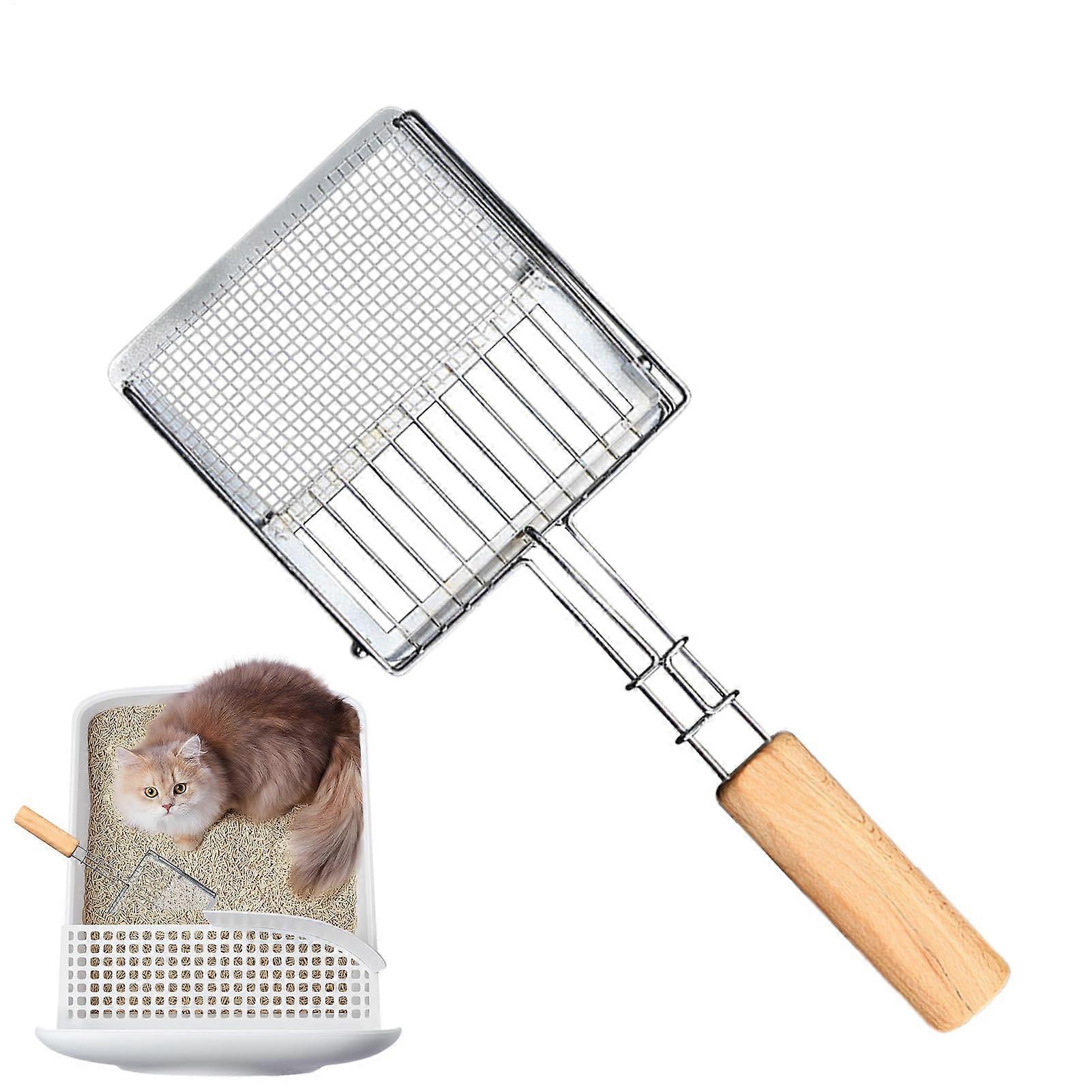 Cat Litter Scoop, Metal with NonStick Coating, Fine Mesh Flat Head PushPull, Wooden Handle