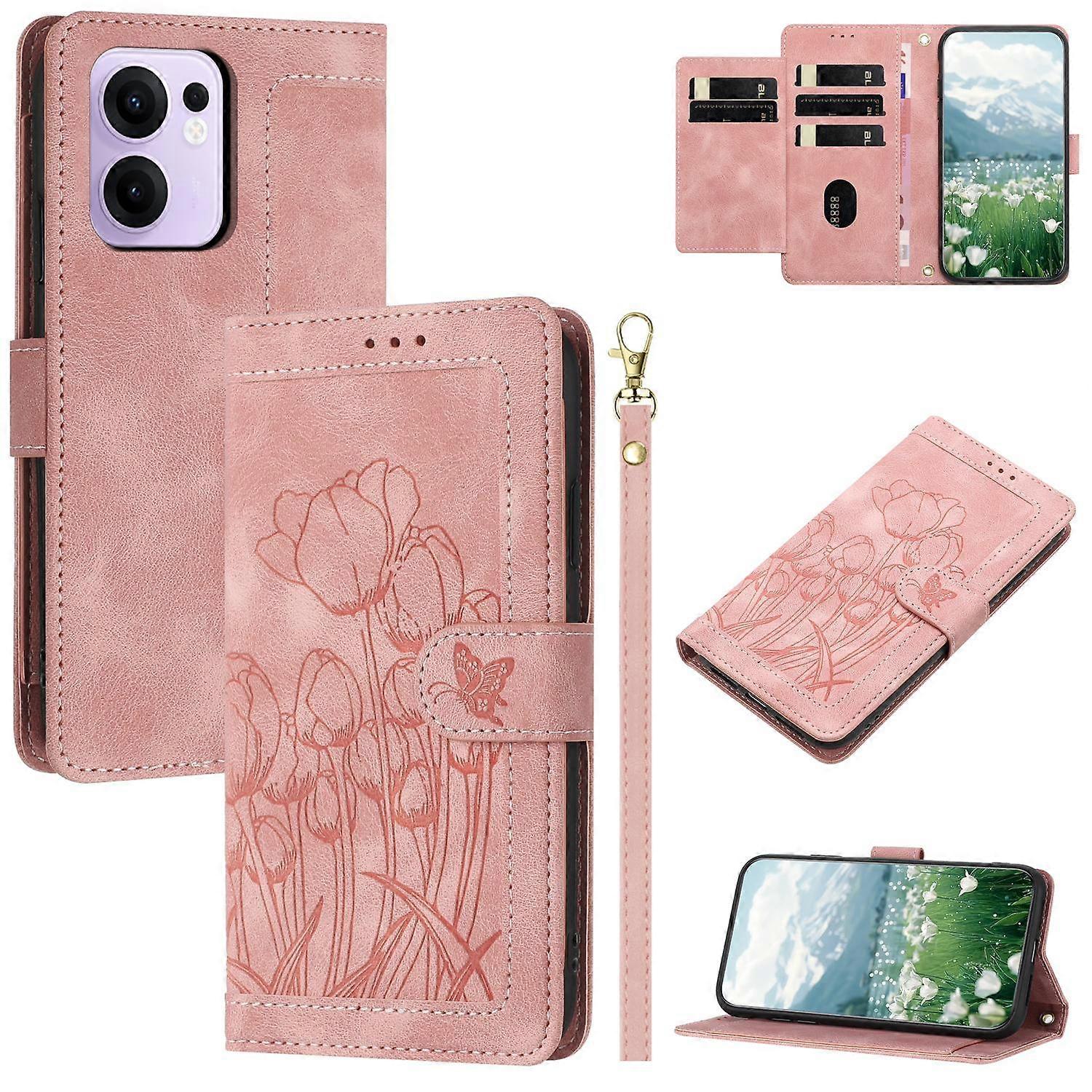 Tulips Embossed Leather Phone Case with Lanyard