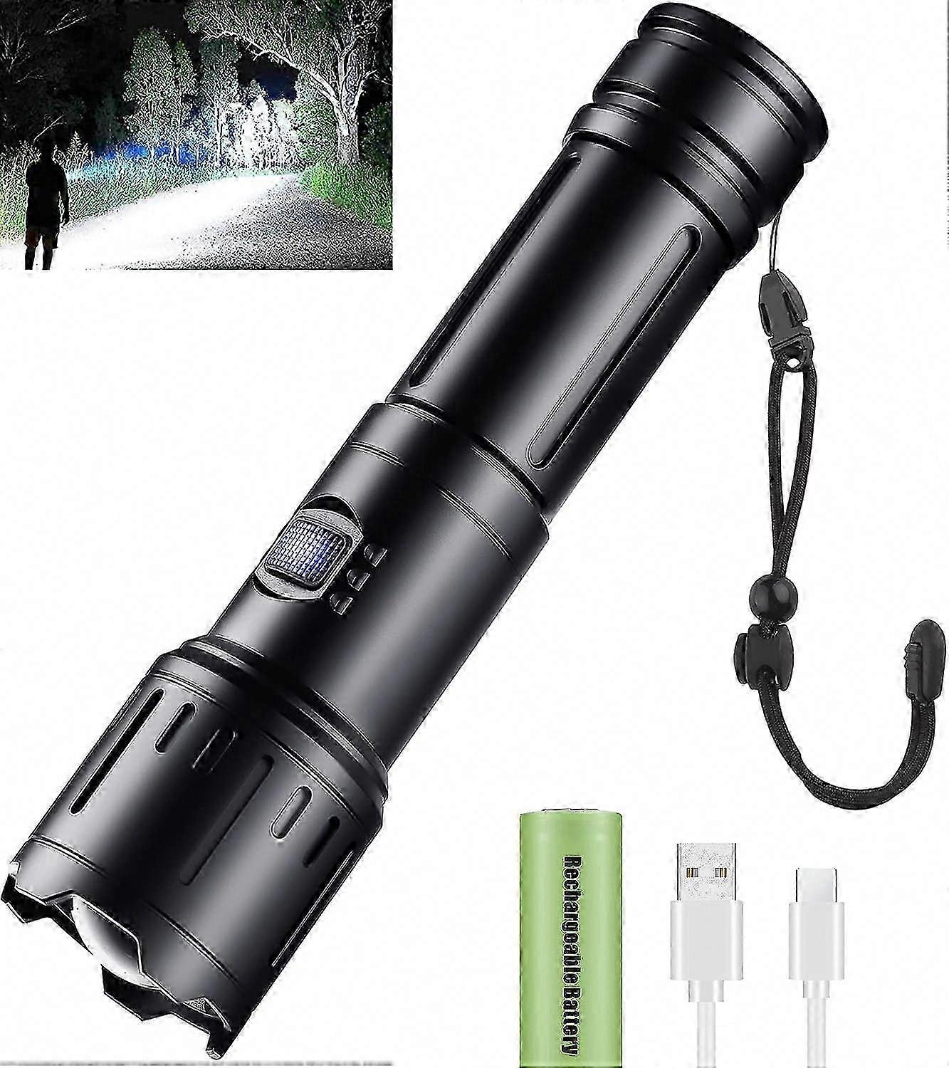 Super Bright Rechargeable LED Torch with Zoom, Powerful Tactical Flashlight with 26650 Battery for Camping and Daily Use