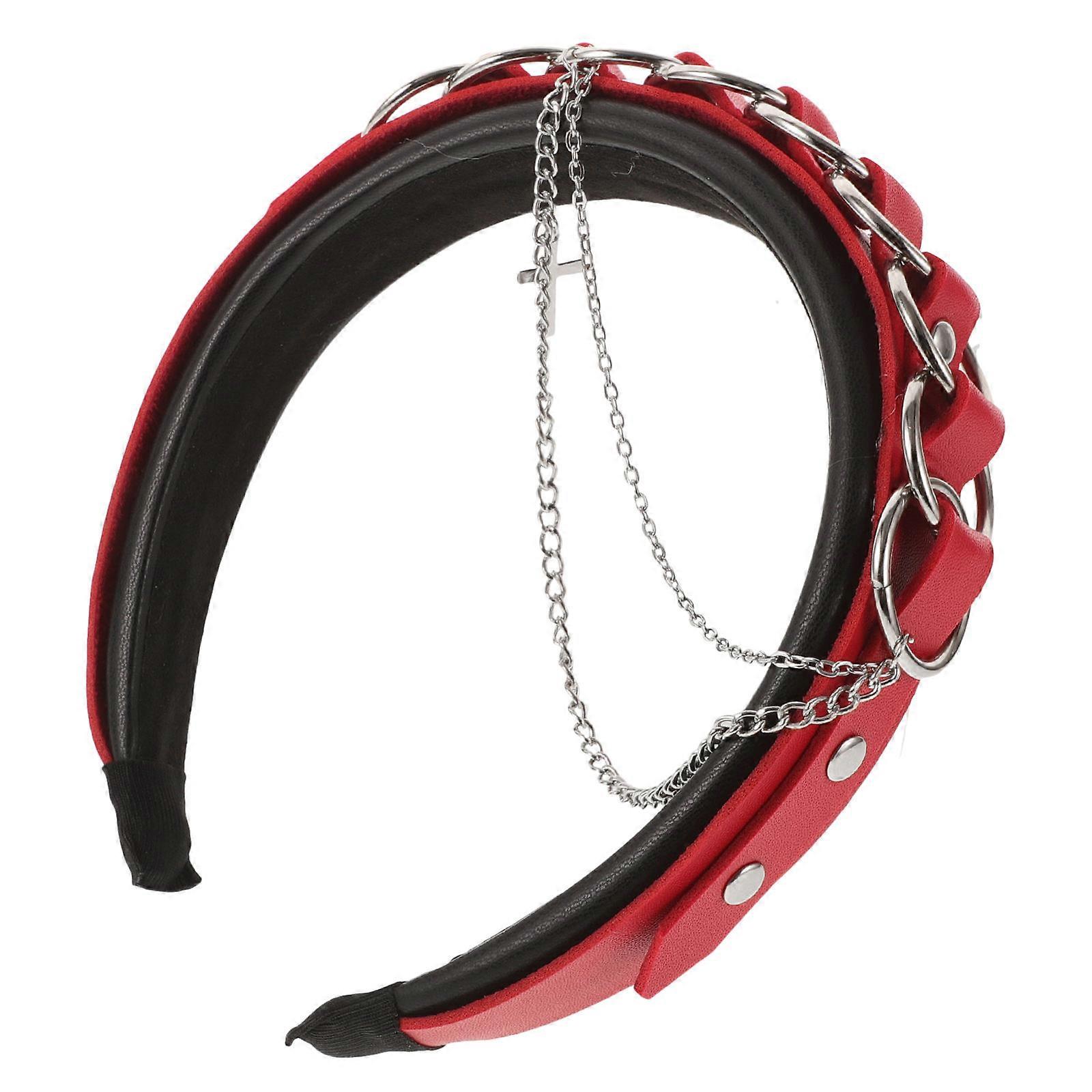 Here's a refined and engaging product description for your **Gothic Punk Hair Band**:
**Gothic Punk Hair Band with Red PU Chain & Studded Cross –