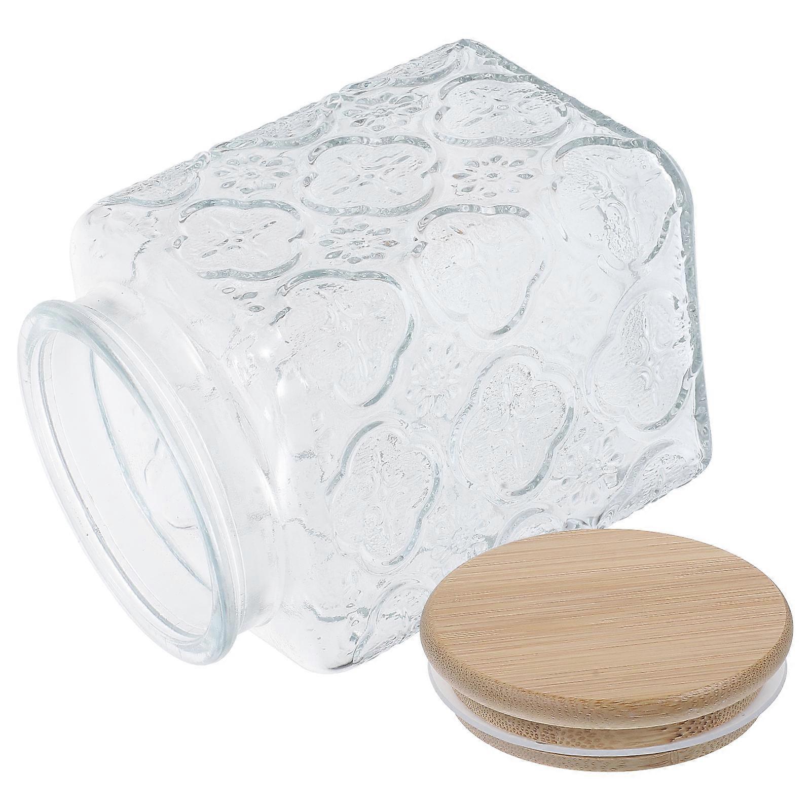 Retro Design 3Pcs Glass Flower Pattern Jars With Bamboo Lids For Home Use Sealed Storage 14X14X9.4CM