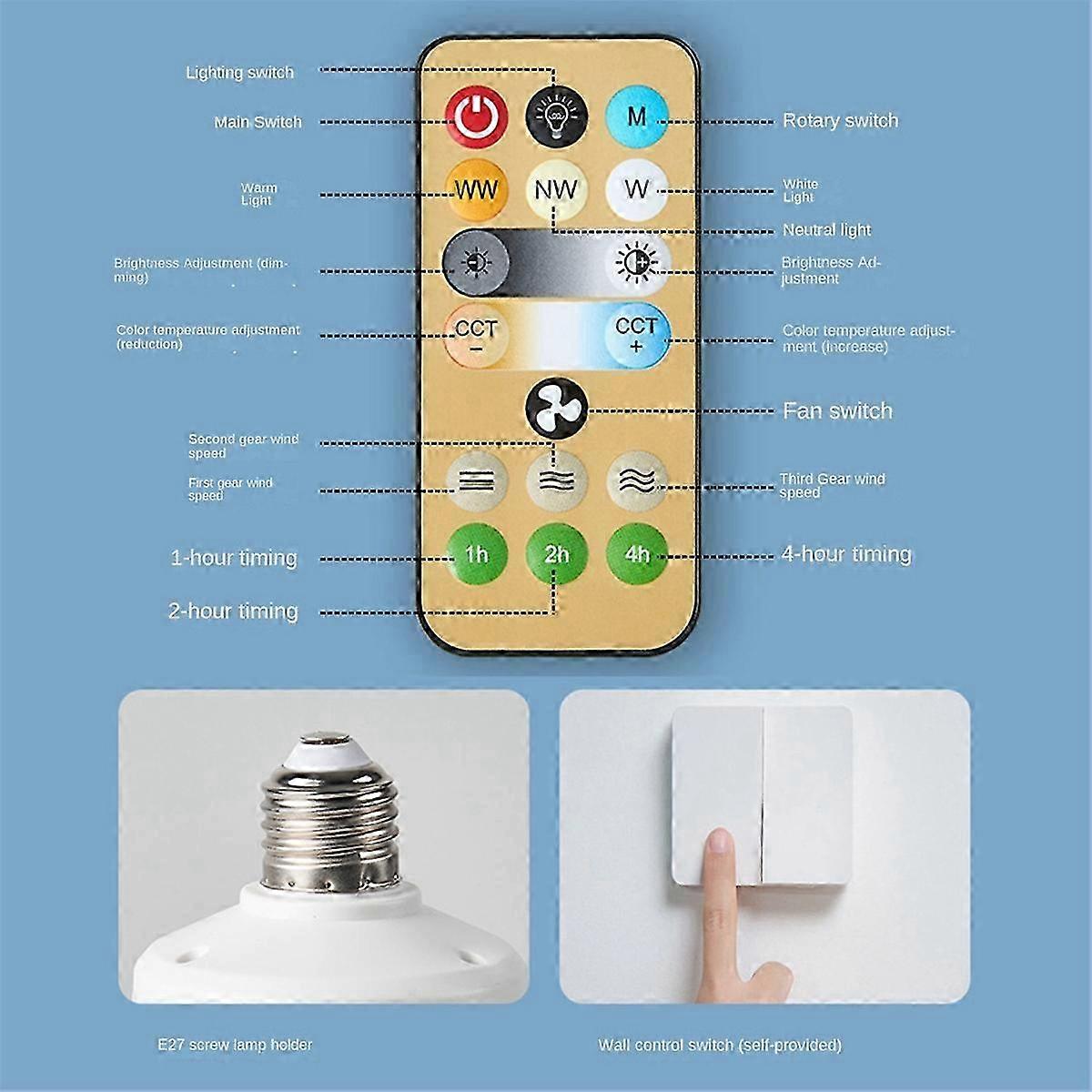 Socket Fan Light with Remote, Ceiling Fan with 3-Speeds, Dimmable LED, E27 Base, Cordless Light Socket