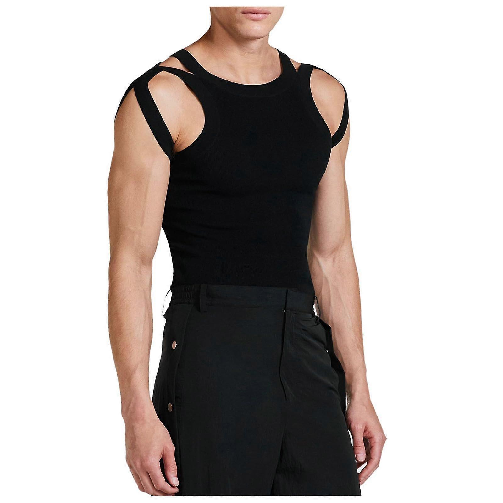 2025 Men's Black Knitted Vest with Double Shoulder Straps, Hollow Design, Slim Fit, Collar, Size 3XL