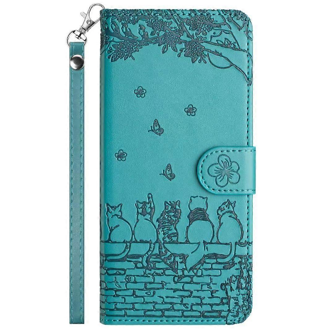 Case for iPhone 15, Shockproof Vintage PU Leather Cat Wallet Folio Flip Cover with Card Slots and Kickstand, Blue