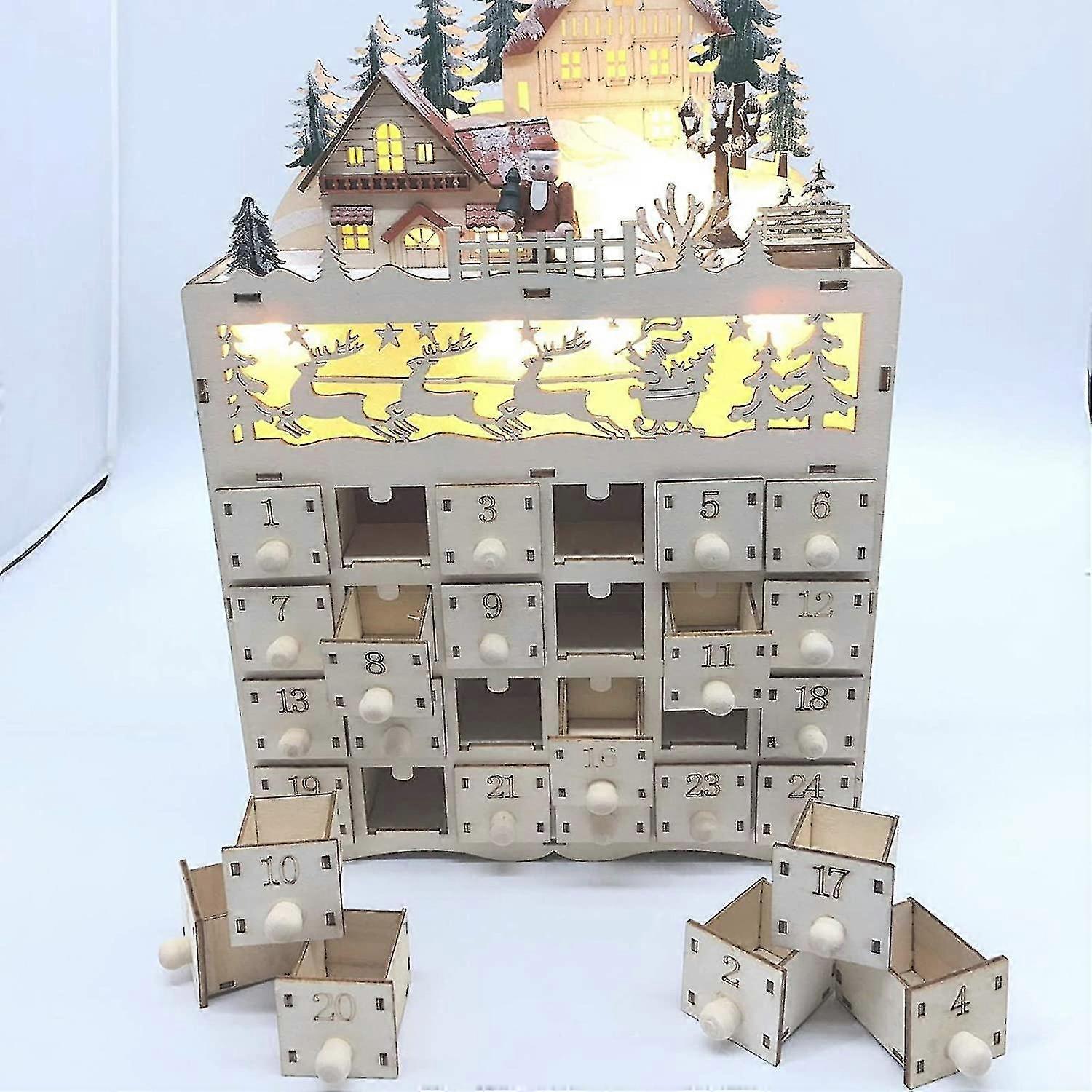 LED Wooden Advent Calendar for Christmas Countdown with 24 Drawers