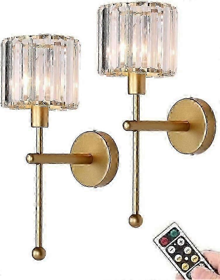 Set of 2 Modern Gold Glass Crystal Wall Sconces with Battery Operation and Remote Control
