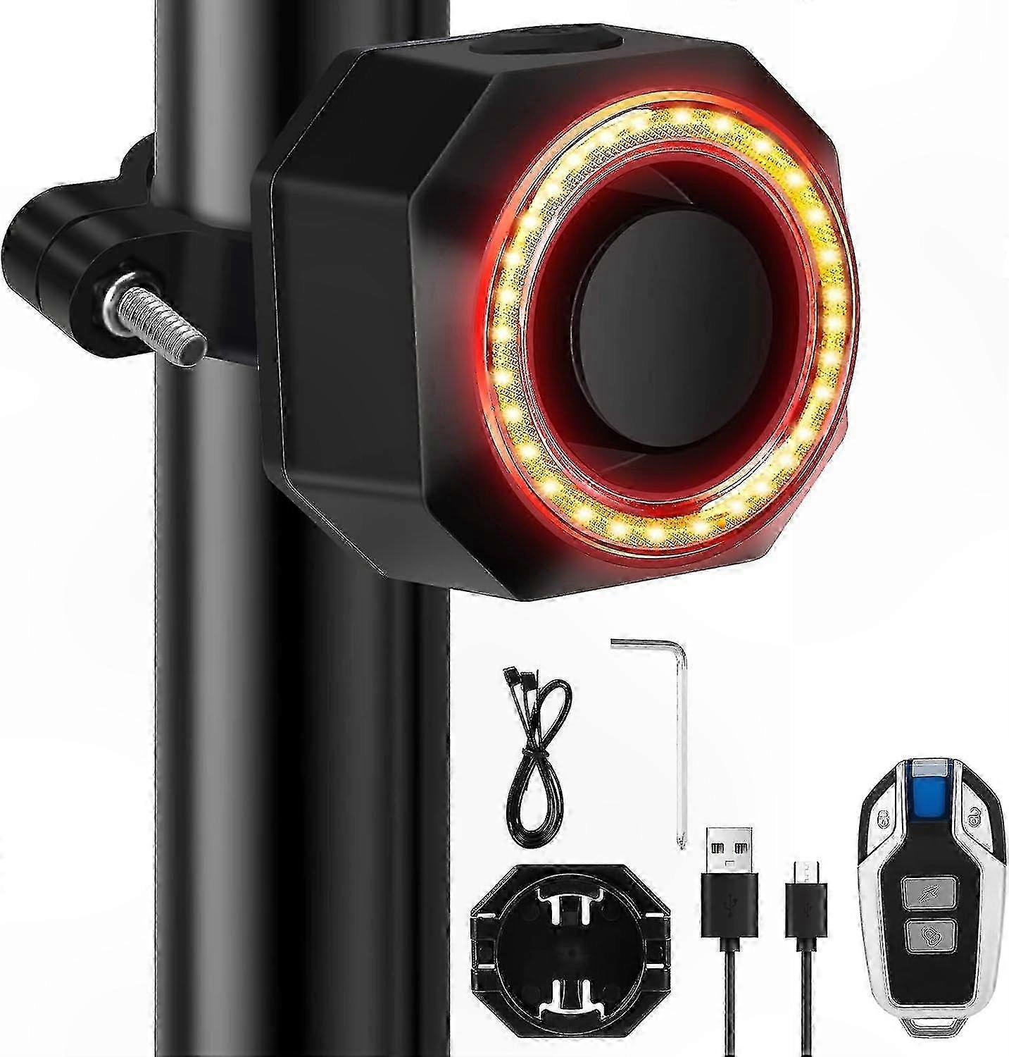 Wireless Bike Alarm with Tail Light, USB Rechargeable Motion Sensor Anti-Theft Device for Bicycle and Motorcycle, 110dB Remote Alert System