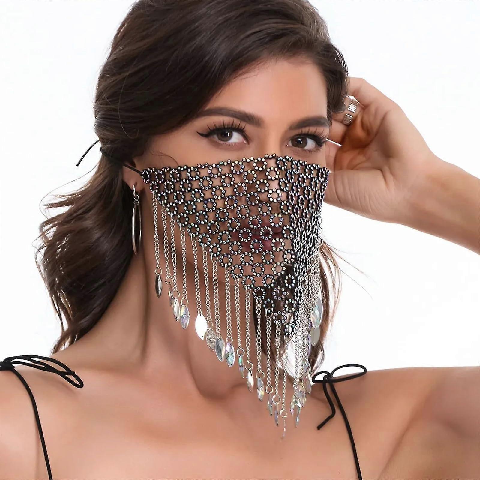 Rhinestones Fringe Mask Unisex Mesh Crystal Tassel Triangle Neckerchief Face Veil For Halloween Costume Dance Party