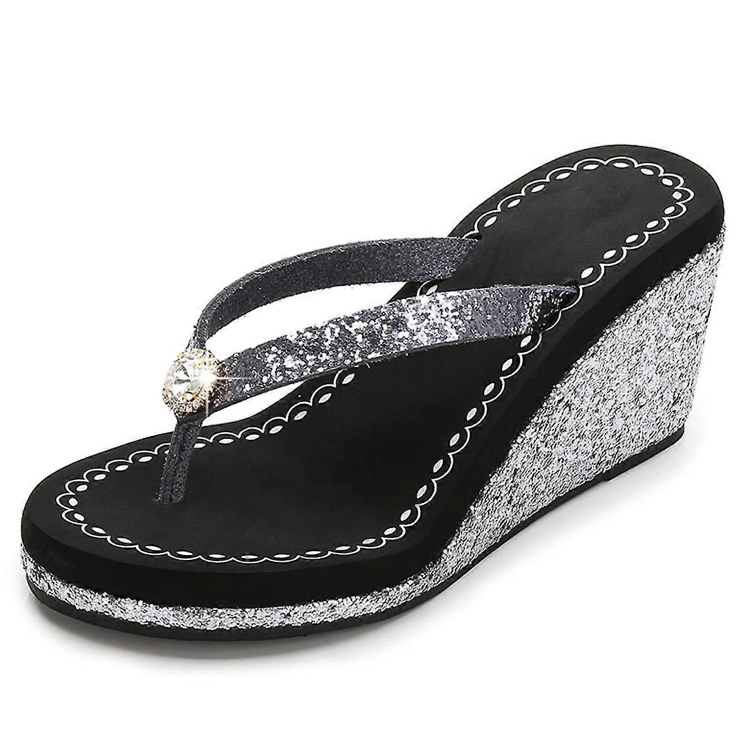 Womens Wedge Platform Flip Flop Open Toe High Heel Flipflops Non-Slip Soft Rhinestones Glitter Gem