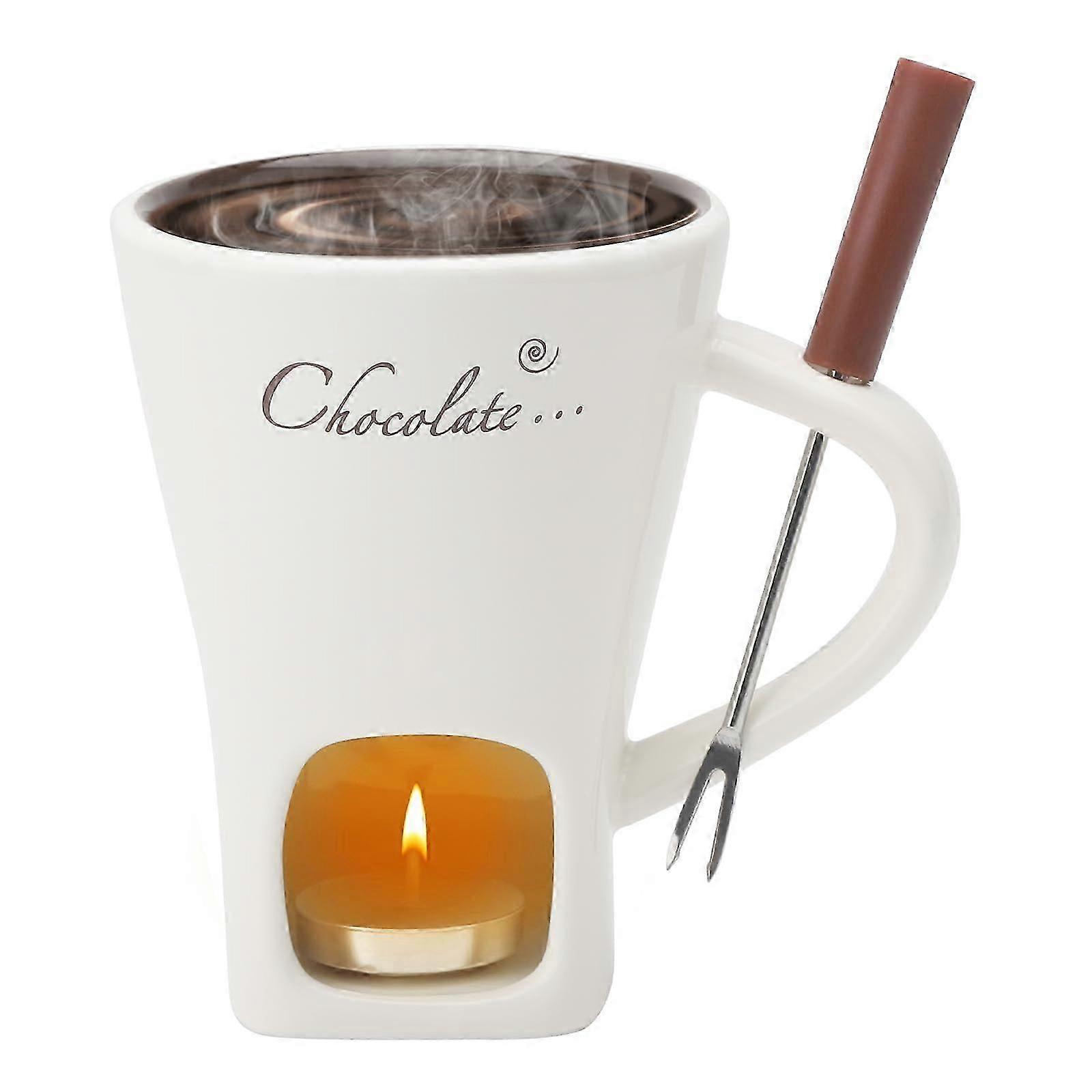 Chocolate Fondue Mug Set 200ml Ceramic with Fork and Tea Light for Melting Chocolate, Cheese, and Butter