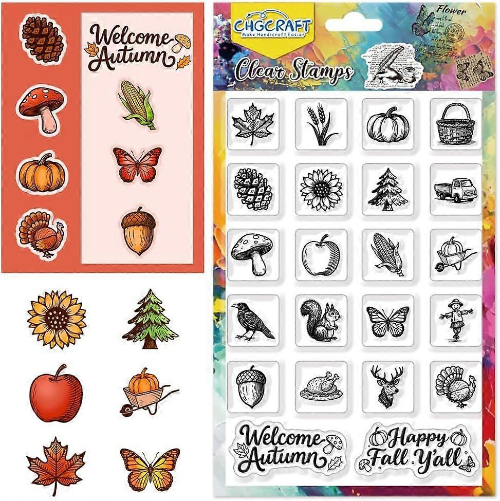 Autumn Icons Pattern Clear Stamps Plant and Animal Elements Print Transparent Embossing Silicone Stamp Seal for DIY Scrapbooking and Card Making Paper