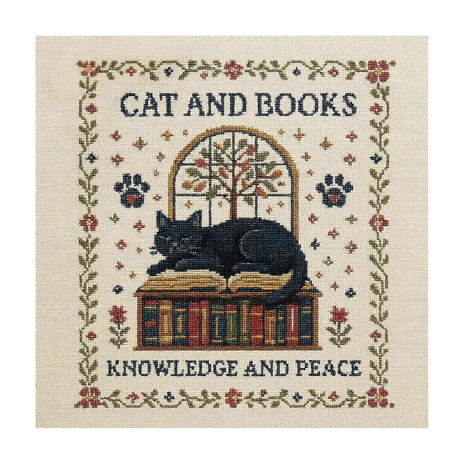 Cross Stitch Crafting Kit Cat And Book Cross Stitch Kit DIY Embroidery Set with Kitten Design Fabric Threads Needle Gift for Beginners Cat Lovers