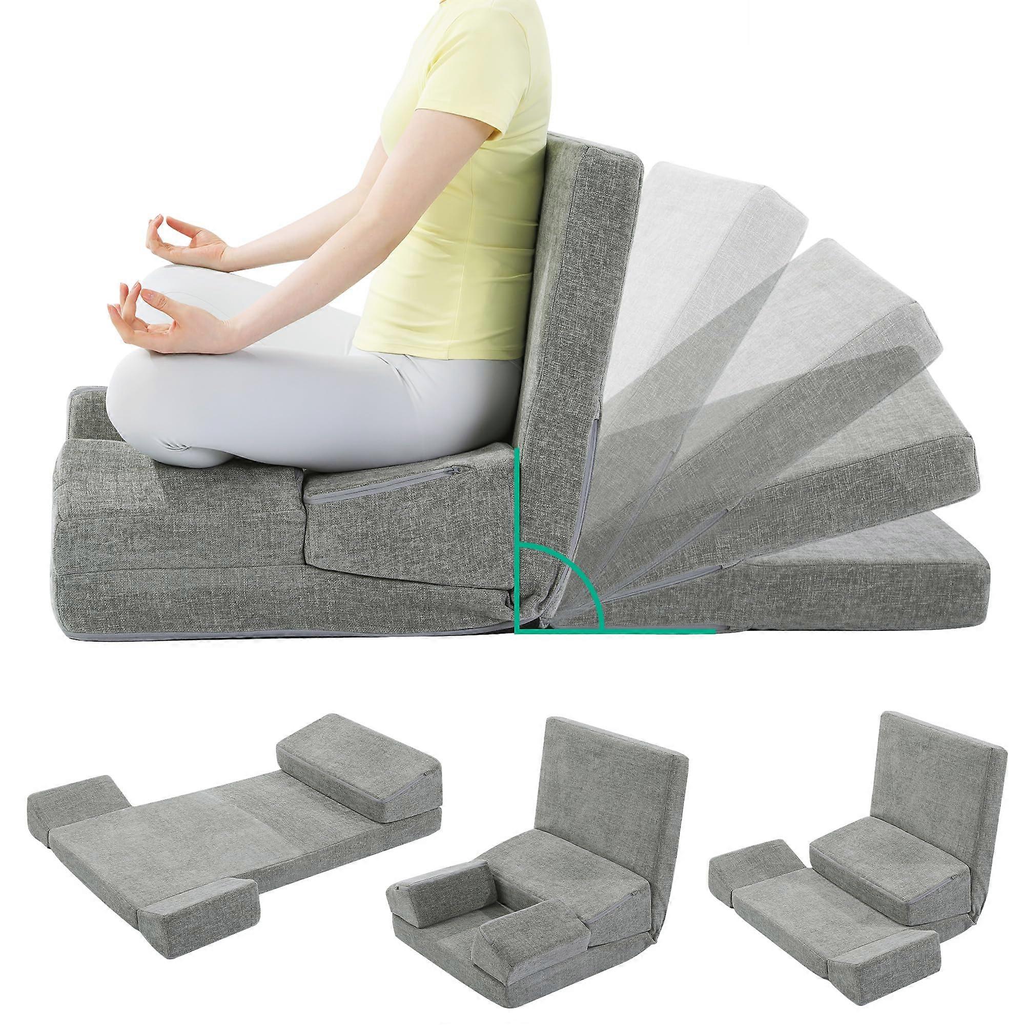 Meditation Cushion with Adjustable Back Support, 3in1 Floor Chair for Yoga, Extra Thick Foam Pillow, Grey