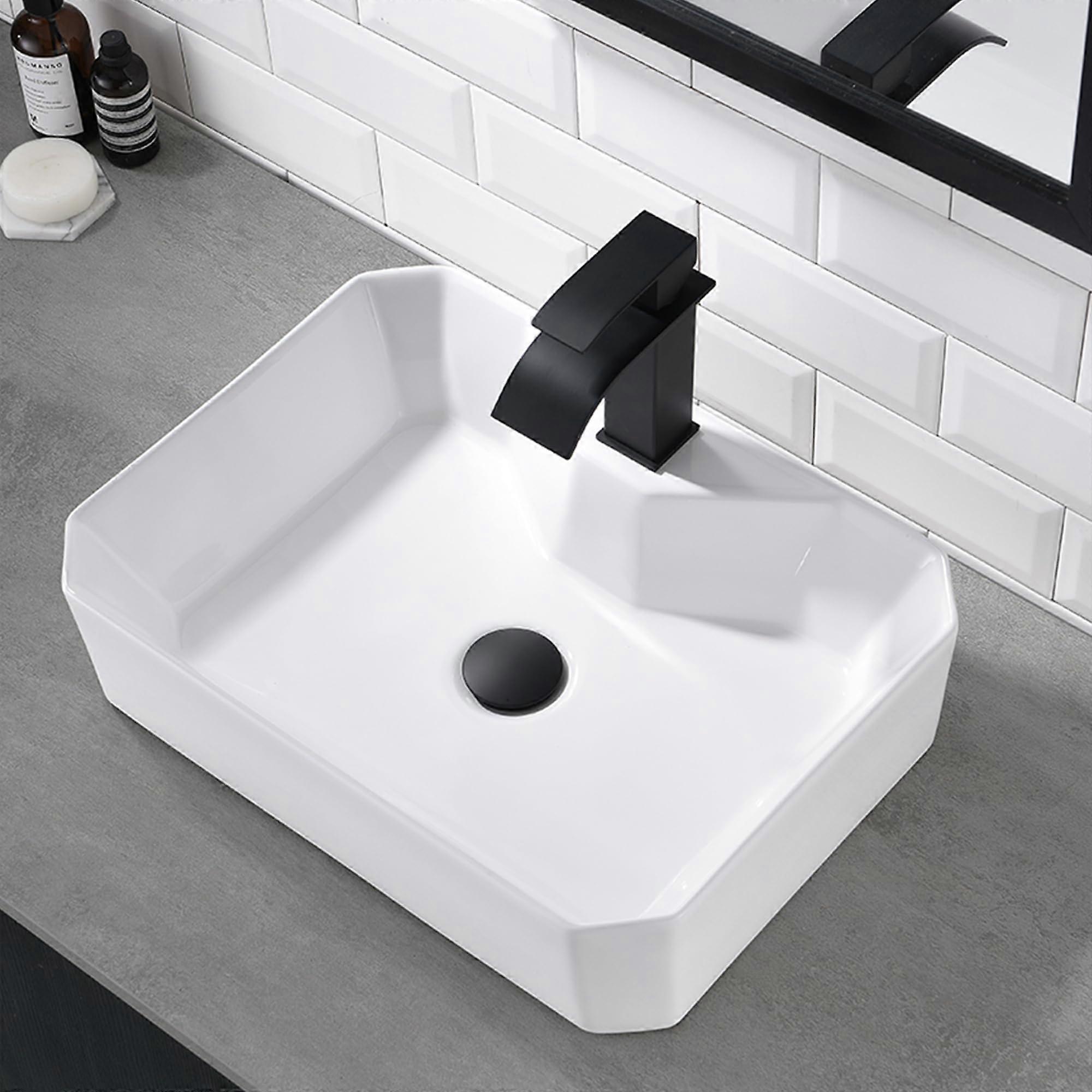 Bathroom Vessel Sink with Black Faucet Combo, 20x15 Inch Rectangular White Ceramic, Modern Scratch Resistant Design
